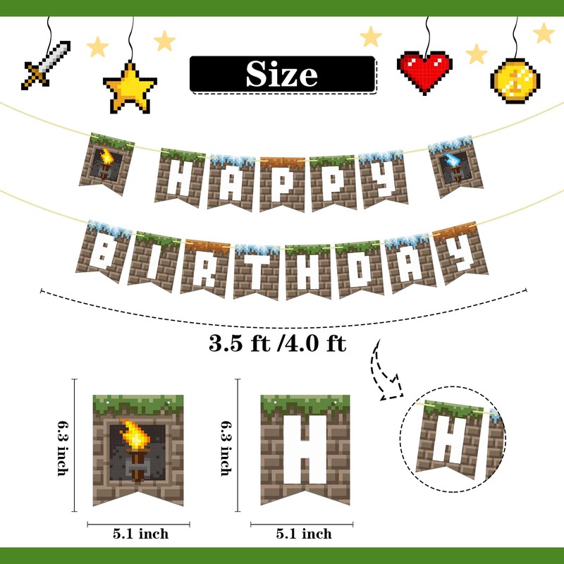 Pixel Style Happy Birthday Banner Kids Birthday Video Miner Game