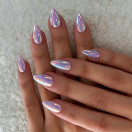 KQueenest Chrome Purple Press On Nails Short Almond Shiny Glitter Nails for Sticking Point, Glazed Cute Fake Nails with Sparkle Glitter Design, Plain Cat Eye Artificial Nails, Pack of 30