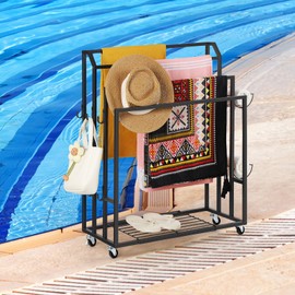 Freestanding Towel Rack Stand Black Towel Drying and Display Rack with Wheels, Indoor Outdoor 4 Tier Blanket Ladder Holder with Shelves, 6 Metal Hooks for Bathroom, Pool, Living Room