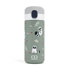 MONBENTO - Kids Insulated Bottle MB Pop Raccoon - 12 Oz - Leakproof - Hot/Cold Up to 12 Hours - Small Water Bottle for Kids School/Park or for Adult Handbag - BPA Free Food Grade Safe - Green