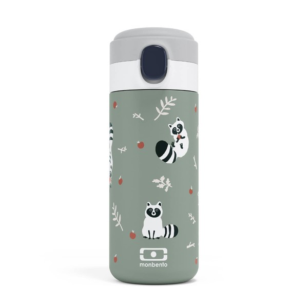 MONBENTO - Kids Insulated Bottle MB Pop Raccoon - 12 Oz - Leakproof - Hot/Cold Up to 12 Hours - Small Water Bottle for Kids School/Park or for Adult Handbag - BPA Free Food Grade Safe - Green