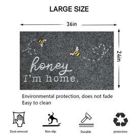 HLFMVWE Large Kithen Rugs Door Mat for Outdoor Entrance Honey I'm Home Bee Non Slip Shoe Mat Low Profile Floor Mat Funny Welcome Doormat for Outside Entry Front Back Door Porch Gray Mat