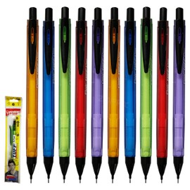 iTUFFMech Mechanical Pencils, 0.7mm Lead Size, Pack of 10, Propelling Pencil, Triangular Grip, Write Draw Sketch Shade Draft Use, iZOFAX Black Ball Pen