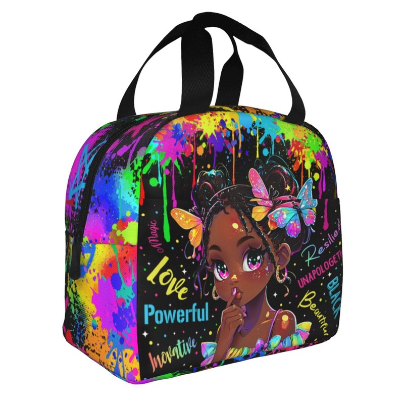 Quelindra Watercolor Doodle Lunch Boxes,Black Women Lunch Box，Graffiti Lunch Bag，African