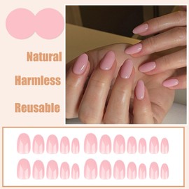 Ceboic Press on Nails Almond Medium Length French Tip False Nails Glossy Pure Color Gel Fake Nails Nude Pink Reusable Full Cover Acrylic Stick on Nails for Women Daily Holiday Wear 24 Pcs