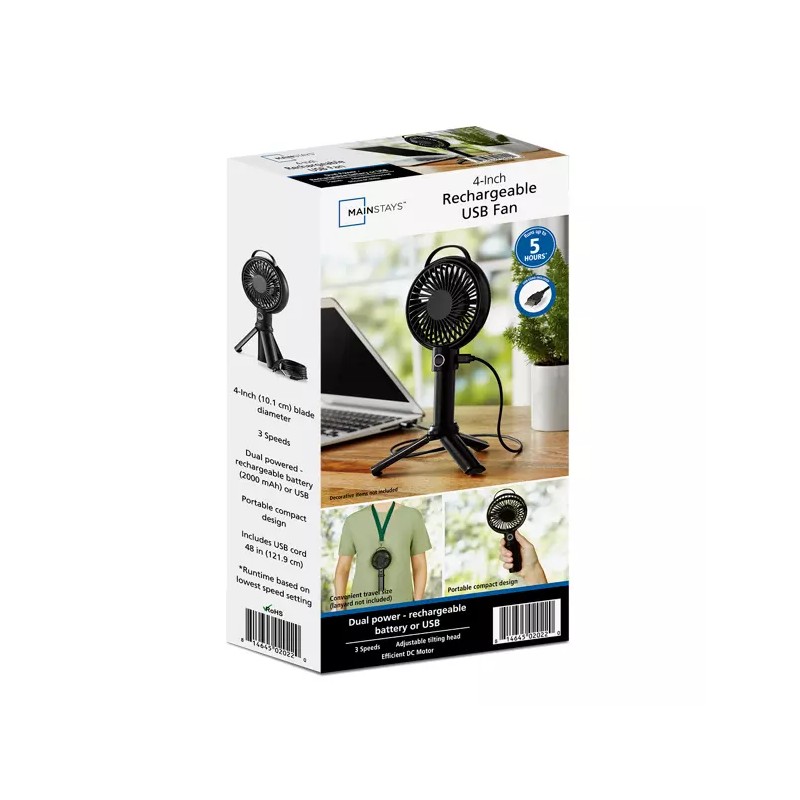 MAINSTAYS 4 INCH MINI USB RECHARGEABLE PORTABLE HANDHELD FAN, BLACK