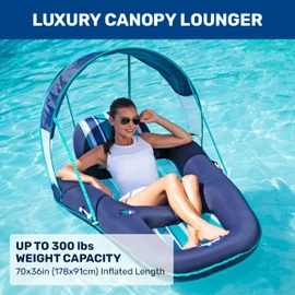 Aqua Ultimate Pool Float Lounger with UPF 50 Canopy and Cupholder – Heavy Duty, Inflatable Pool Lounge for Adults – Navy/Aqua/White Stripe