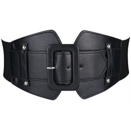 Wovanoo Women Wide Elastic Waist Belt PU Leather Waistband Corset Cinch Belt for Dresses Jumpsuit Coat Black 70cm