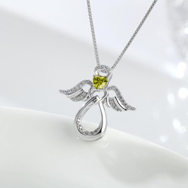 JiaYang Silver Guardian Angel Necklace 18K White Gold Plated Heart Infinity Pendant August Peridot Jewelry Gifts for Her