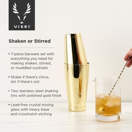 Viski Gold Cocktail Shaker Set - Gold Bar Set for Cocktails - Shaker, Mixing Glass, Barspoon and Bartender Accessories - Stainless Steel Set of 7