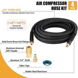 RayMagic Hybrid Air Hose 3/8 In. x 100 ft, Flexible, Air Compressor Hose With 1/4" Brass Industrial Coupler, Strain Reliefs, Non-Kinking, Black