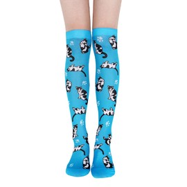 Benefeet Sox Women Girls Funny Novelty Knee High Socks Funky Silky Ultrathin Long Soft 3D Print Patterned Socks Cute Black Cat Sock Crazy Costume Cosplay Stockings Cat Lover Gifts, Lazy Cat Blue