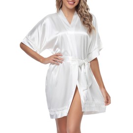 iFigure Women Satin Robes Short Lace-Trim Silk Robe Lightweight Bride Bridesmaid Party Robes Ladies Loungewear Sleepwear, White, S