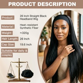 26 IN Straight Headband Wig for Black Women Synthetic Hair (#1B Black)