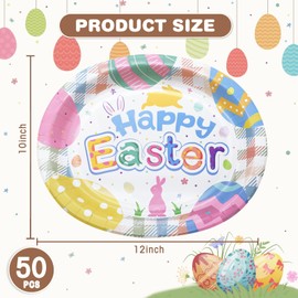  Generic 50 Count Oval Easter Paper Plates Heavy Duty - 10"" X 12"" Easter Dinnerware Sets with Easter Eggs Bunny for Spring Holiday Easter Party Supplies, White