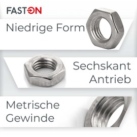 FASTON Hex Nuts M3 Low Shape Stainless Steel A2 V2A (Pack of 10) DIN 439 Nuts Flat Nuts Lock Nut
