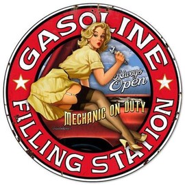 American Collectibles Filling Station Gasoline Mechanic on Duty Round Metal Sign