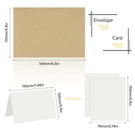 Qiareoiu Pack of 50 120 g/m² Envelopes Brown with Blank Cards, 16 x 11 cm Envelopes Kraft Paper Envelopes C6, Kraft Paper Cards for Weddings, Cards and Invitations for DIY Design