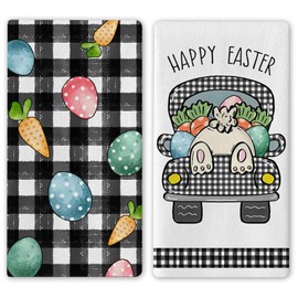 Easter Decorations Kitchen Towels,2Pcs 16x19In Happy Easter Dish Towels with Bunny Eggs Easter Hand Drying Tea Towel for Bathroom Kitchen Home Decor Housewarming Gift Party Supplies(Black white grid)
