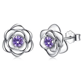 Silver Earrings for Women, Sterling Silver Stud Earrings Hypoallergenic Purple Cubic Zirconia Dainty Flower Rose Stud Earrings for Ladies Girls Birthday Christmas Jewellery Gifts