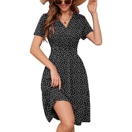Heymoments Women's Summer Comfy Swing Sundress Polkadots Black Medium Short Sleeve Casual Midi Dress Empire Waist Wrap V Neck A-Line Classy Beach Vacation Teacher Dresses with Pockets