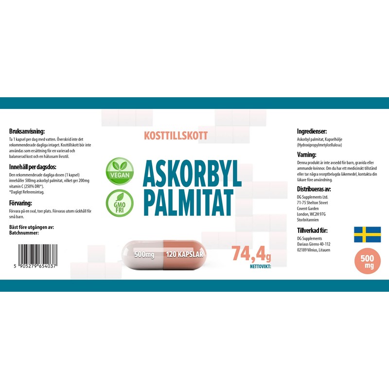 Ascorbyl Palmitate 500mg 120 Vegan Capsules, 3rd Party Lab Tested,