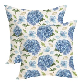 OFIRD Spring Floral Pillow Covers 18x18 Pack of 2 Blue Hydrangea Flower Throw Pillow Covers Decoration,Summer Holiday Decor Pillowcase Rustic Farmhouse Linen Cushion Case for Home Sofa Couch Outdoor