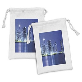 Lunarable Urban Fabric Pouch Set of 2, Chicago City Night Financial District Skyscrapers Buildings Downtown Panorama, Small Drawstring Bag for Toiletries Masks and Favors, 9" x 6", Violet Blue Grey