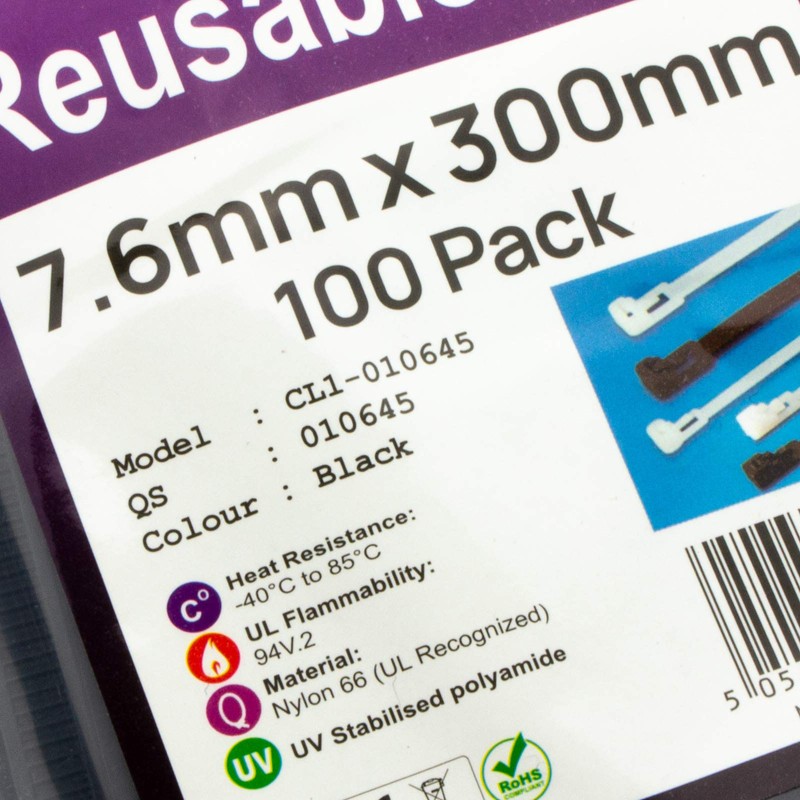 Releasable Cable Ties 7.6mm x 300mm Reusable Black [100 Pack]