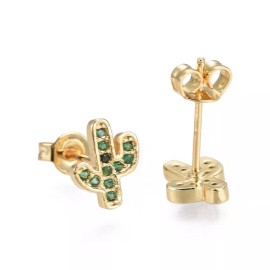 Unbranded Pave Cubic Zirconia Stud Earrings Cactus Gold Green 9x7.5x1.7mm Pin 0.7mm P342