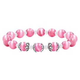 JunyiDIY Adjustable Cat's Eye Stone Bracelet - 8mm Pink Crystal Gemstone Beads with 4mm Glass Round Beads - Fashion Jewelry for Daughter Lover Her - Love Luck Charm