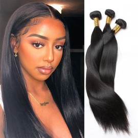 Genrein Straight Human Hair 3 Bundles 14 16 18 Inch Brazilian 100% Unprocessed Straight Wave Bundles Human Hair Weave Extensions 1B Color for Women