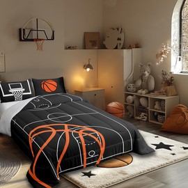 Kids 3D Basketball Bedding Set King Size,Ball Court Sports Games Themed Comforter Set with 2 Designs Pillowcases,Orange Basketball and Hoop Duvet Set Home Decor, Boys Teens Children Birthday Gift