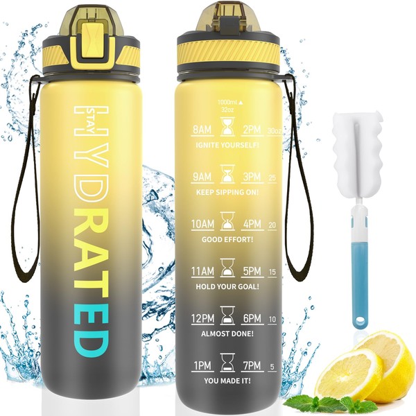 QLUR Water Bottle with Straw, 32 oz Motivational Water Bottles with Time Marker to Drink, Tritan BPA Free, 1L Sports Water Bottle with Carry Strap LeakProof for Women Men Gym Fitness Outdoor (1 Pack)