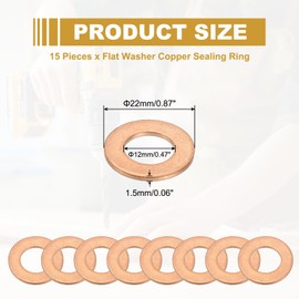 PATIKIL M12 Copper Washer Sealing Ring, 15 Pieces 12mm ID 22mm OD 1.5mm Thickness Metric Flat Sealing Gasket Crush Washer for Screws Bolt Sump Plugs Oil Drain