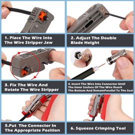 Coax Cable Crimper Cutter - TECHTOO Coaxial Cable Compression Fitting Tool Kit Wire Stripper for F RG6 RG59 with 20x Metal F Coax Compression Connectors (Tool Kit 1)