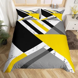 Yellow and Grey Comforter Cover 135 x 200 cm Patchwork Geometric Triangle Striped Bedding Set Black White Marble Duvet Cover for Children Adults Geometry Lines Quilt Cover Nordic Style Room Decor