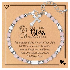 Confirmation Gifts for Girls, Pink Beaded Bracelets for Women Adjustable Cross Bracelets for Girls Her Daughter Teen, First Holy Communion Gifts Religious Faith Jewellery Gifts for Girls Christians