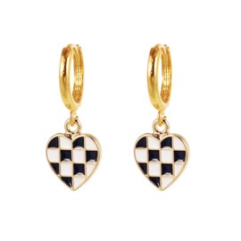 Gold Plated Checker Small Hoop Earrings Dainty Simple Enamel Checkerboard Black White Grid Round Circle Lightweight C shaped Huggie Hoop Earrings for Women 70s 80s Birthday Party Jewelry Gifts (Black heart hoops)