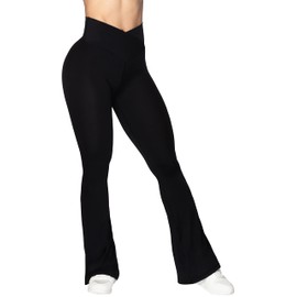 Sunzel Sunzel Flare Leggings, Crossover Yoga Pants with Tummy Control, High-Waisted and Wide Leg, 30" Inseam, Black Large