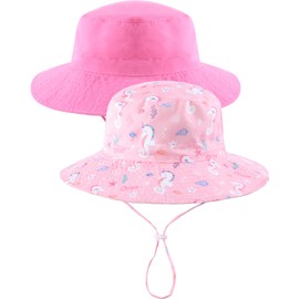 Adorel Baby Sun Hat with Drawstring Summer Fishing Hat Summer Hat Pack of 2, Pink & Pink Hippocampus