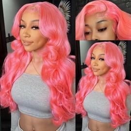Pink Lace Front Wig Human Hair Pre Plucked 13x4 Pink Wig Human Hair HD Body Wave Lace Front Wigs Human Hair Colored Pink Human Hair Wig 180% Density Glueless Pink Frontal Wigs Human Hair 22 Inch