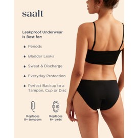 saalt Seamless Bikini - Womens Period Underwear - Mid-Rise Leakproof Panty - No Panty Line - Reusable & Washable - Replaces 6 Pads or 8 Tampons - Volcanic Black - Small