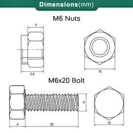 Drenky Nuts and Bolts Assortment, M6 x 20mm Black Bolts and Lock Nuts Set 304 Stainless Steel Hex Bolts and Nuts M6 Machine Screws and Nut for Machinery, Furniture, Car, Bike, 3D Printing, 10 Pcs