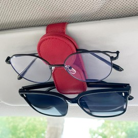 KIWEN Sunglasses Holder for Car Visor, Magnetic Leather Sunglass Eyeglass Hanger Clip for Car Sun Visor Accessories (1, Red)