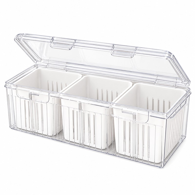 Refrigerator Food Storage Container with 3 Removable Baskets and Lid