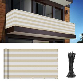 INFRANGE Balcony Privacy Fence Screen 3' x 12' Mesh Windscreen Fencing Shield Cover Included Cable Ties for Deck Apartment Porch Backyard Patio Outdoor, Beige White Strip