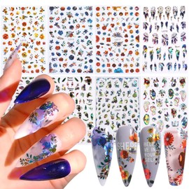 Flowers Nail Art Stickers, 3D Floral Flamingo Parrot Peacock Feather Nail Self-Adhesive Sticker Designs, Laser Glitter Flower Nail Transfer Decals Supplies for Women Girls Manicure Charms Decorations