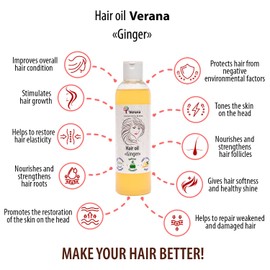 Verana Hair Oil Ginger & Castor Oil, Natural, Organic, Vegan, For All Hair Types, Against Hair Loss, Strengthening and Growth of Hair, Beard, Eyebrows, Eyelashes, For Women and Men, 250 ml