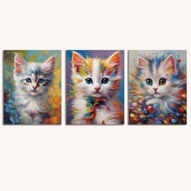 Colorful kitten Canvas Wall art Abstract Home Decor for living Room and porch Abstract Farmhouse Gallery Aesthetic Room Decor Bedroom Decor wall art for living room Frameless 16x24 inch 3 pieces